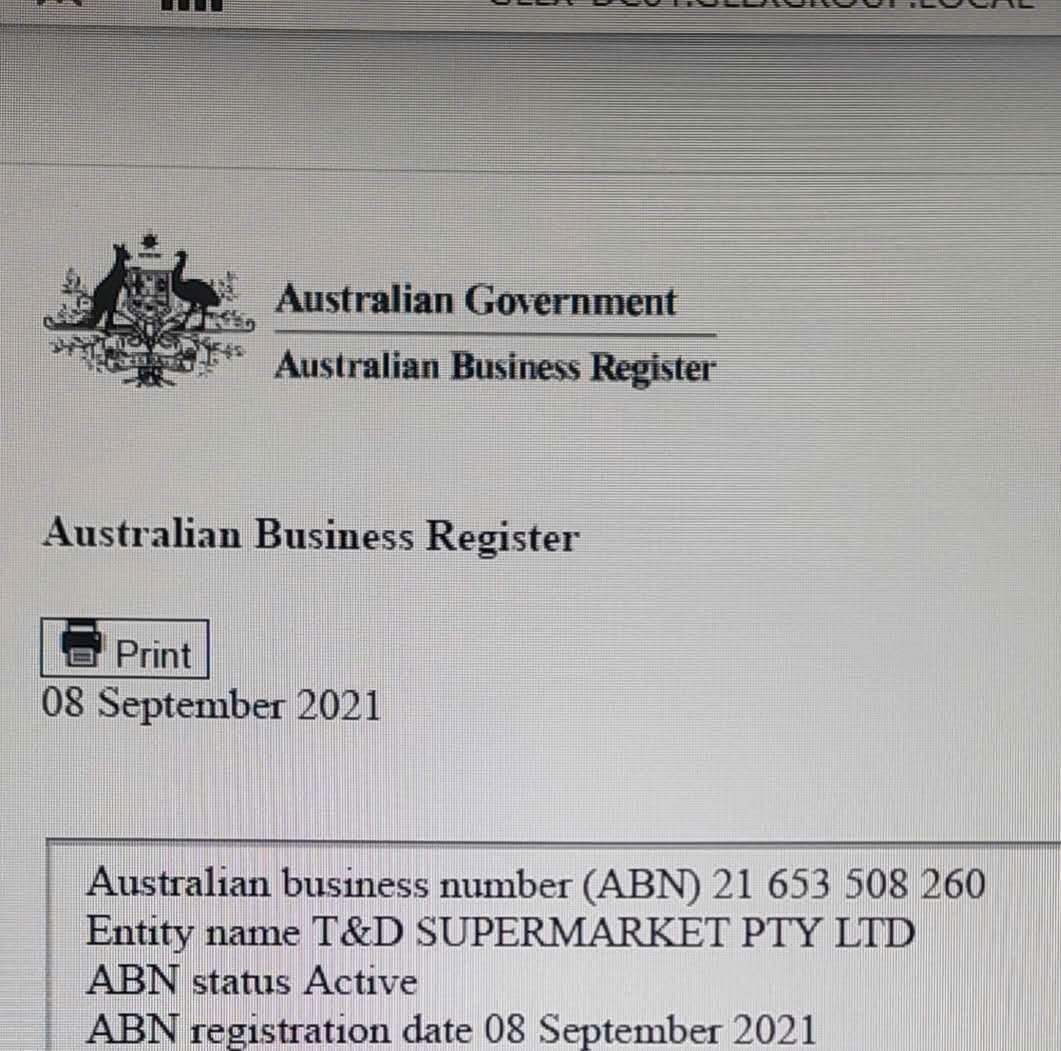 T&D Supermarket ABN Registration Proof